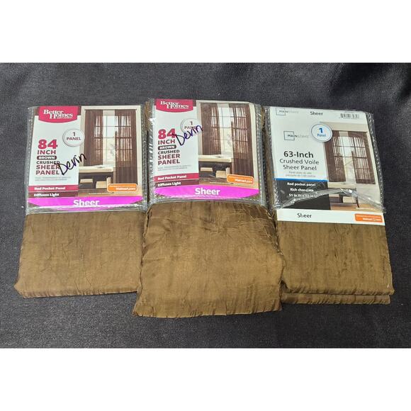2 Brown Crushed 84" & 1 Voile Sheer 63" Curtain Panel Chocolate Brown - Picture 2 of 12